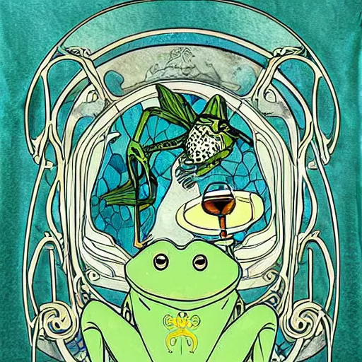 Image similar to art nouveau frog drinking absinthe on a spaceship