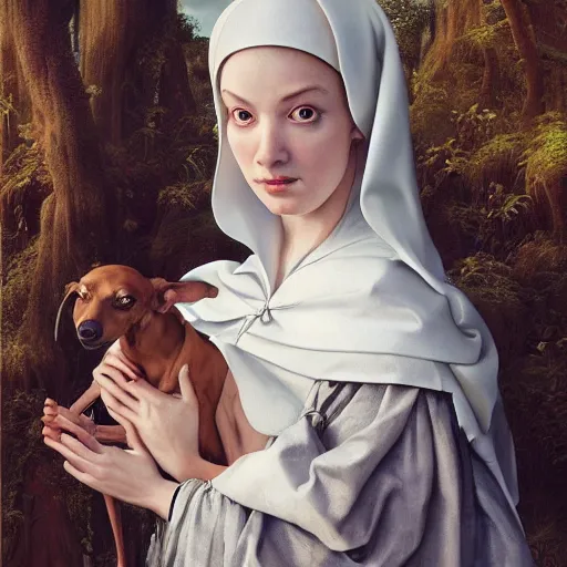 Image similar to A masterpiece portrait of a Incredibly beautiful maid baroque renaissance swamp nun girl with greyhound medium shot, intricate, elegant, highly detailed. trending on artstation, digital art, by Stanley Artgerm Lau, WLOP, Rossdraws, James Jean, Andrei Riabovitchev, Marc Simonetti, Yoshitaka Amano. background by James Jean and Gustav Klimt, light by Julie Bell, 4k, porcelain skin.