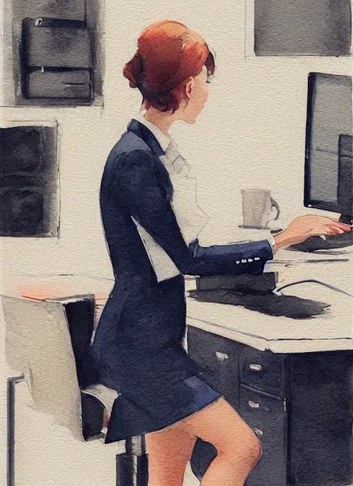 Image similar to concept art of a modern office life, young attractive business woman, pencil miniskirt, pinterest, artstation trending, behance, watercolor, by coby whitmore, silver, laser light,