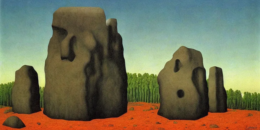 Prompt: Megalithic Monolithic in taiga landscape by Richard Corben, by René Magritte, surrealism, gothic, baroque