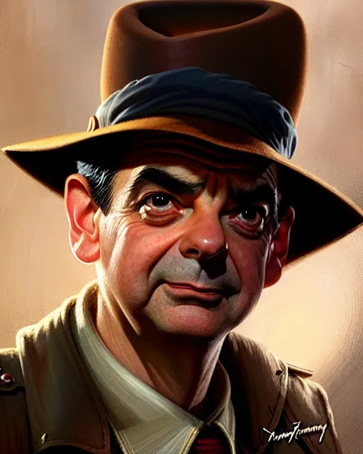 Image similar to rowan atkinson as indiana jones, suave looking, fine details, realistic shaded lighting poster by greg rutkowski, magali villeneuve, artgerm, jeremy lipkin and michael garmash and rob rey