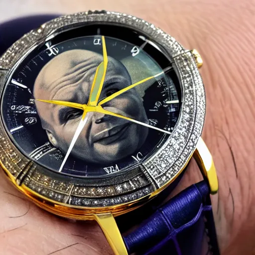 Prompt: watch, portrait of gagarin on the dial, gagarin, gagarin engraving, custom watc, gold silver, diamond, brilliant, super detailed, photorealistic, 8 k white background