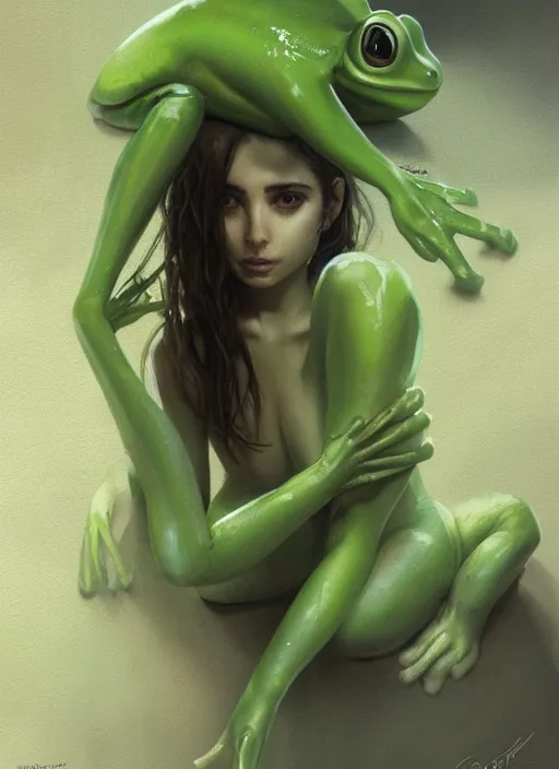 Image similar to portrait of my ethereal waifu cute innocent green slimy alien female froggy lady, ana de armas, with adorable uwu eyes painted by greg rutkowski, wlop,,