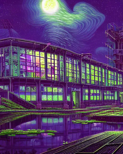 Image similar to a beautiful ultradetailed painting of empire nature industrial architecture unfinished building abandoned urbex building city by stanley spencer, nature at night neon noir evil lake uv light biopunk vaporwave universe retrowave tron, archdaily, wallpaper, highly detailed, trending on artstation.