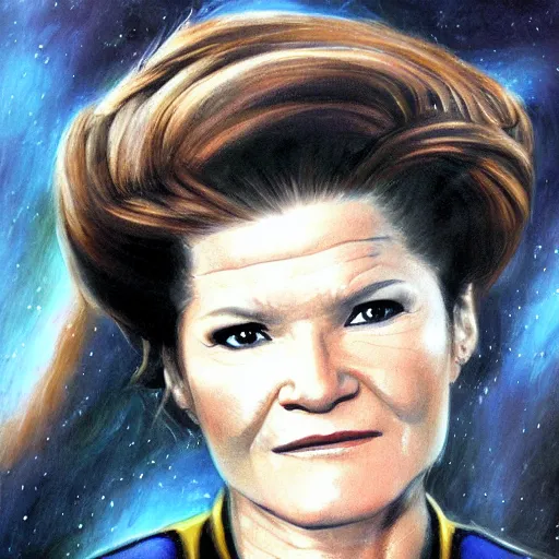 Image similar to captain janeway from star trek voyager. realistic concept art painting.