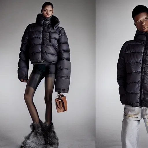 Image similar to realistic photoshooting for a new balenciaga lookbook color film photography of a beautiful woman model, model wears a puffer jacket, photo in style of tyler mitchell, ssense