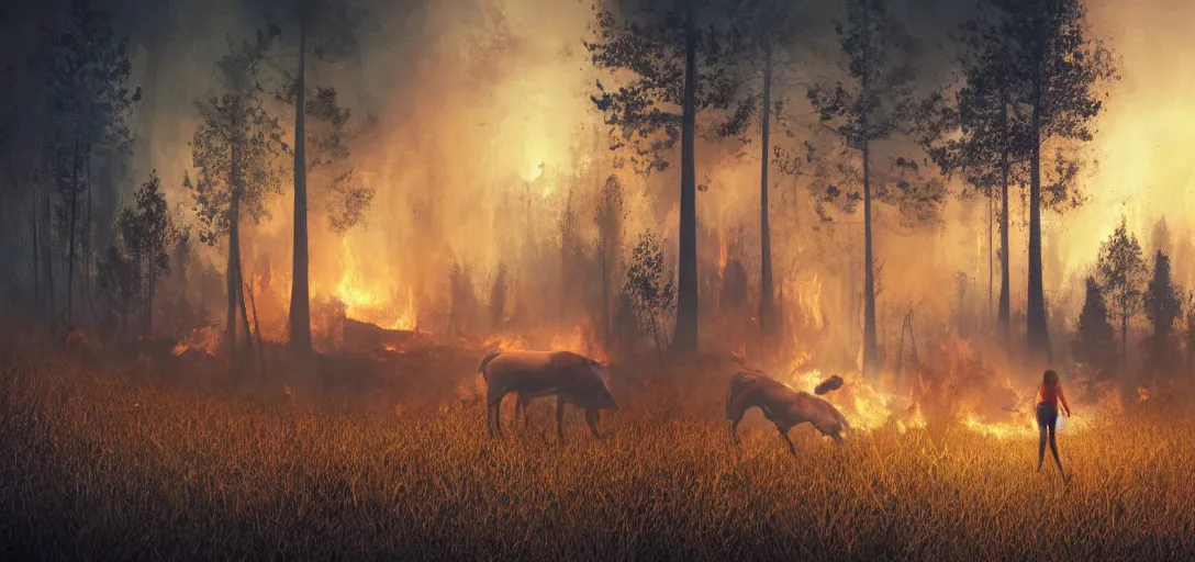 Image similar to full portrait of a young woman and farm animals running from a forest fire, smoke, flames, dark, gloomy, horror, screaming, a small farm is burning in the distance, insanely detailed, photorealistic, cinematic, dramatic lighting,