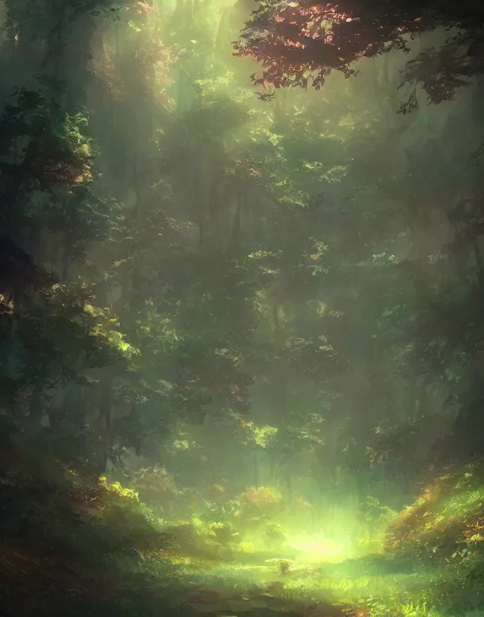 Image similar to magical mystical forest, environment concept art, ethereal anime, high detail Impressionist style, dreamy light color palette, style of studio ghibli and moebius, concept art stunning atmosphere, trending on artstation, volumetric light