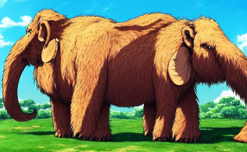 Image similar to a realistic cell - shaded studio ghibli concept art from paprika ( 2 0 0 6 ) of a giant wooly mammoth. very dull colors, wide shot, hd, 4 k, hq