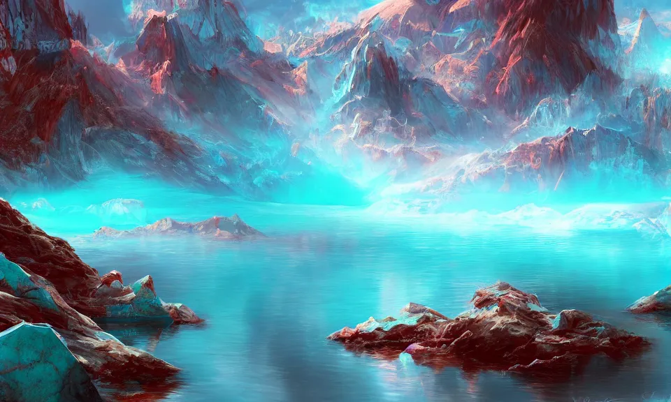 Image similar to crystalline turquoise lake, digital art, concept art, fantasy art, highly detailed, hd wallpaper, hdr, artstation, deviantart, behance