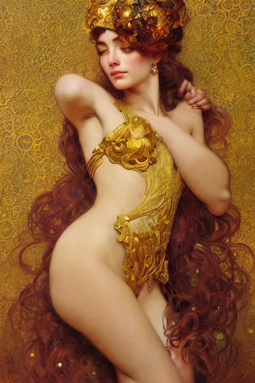 Prompt: an intricate artistic pose painting of a beautiful young muse with an artistic sensual pose with klimt golden motives and textures, hyper detailed, ornamental gold headpiece, octane render, vivid colors, artstation, by jeremy mann, by alphonse mucha, by boris vallejo