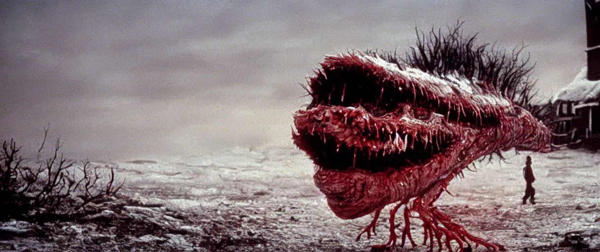 Prompt: filmic extreme wide shot movie still 4 k uhd interior 3 5 mm film color photograph of a detached snarling distorted deformed creature abstract shape shifting organism made of human tissue, running around the an arctic village that is on fire chasing humans in the style of the horror film the thing 1 9 8 2