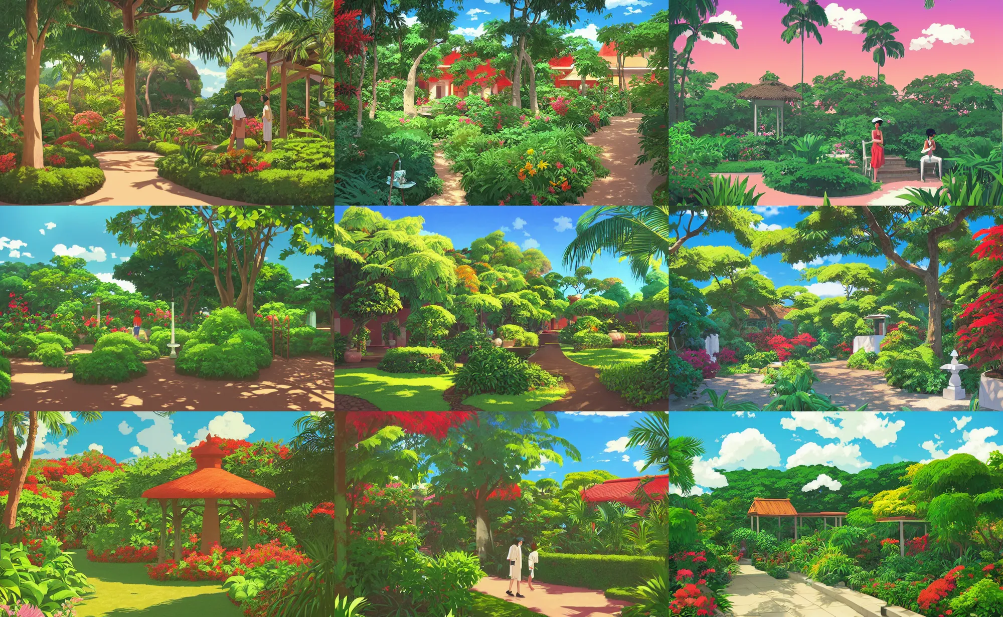 Prompt: a creole garden from reunion island illustration by ( ( ( kenton nelson ) ) ), by makoto shinkai, by studio ghibli, anime, trending on artstation