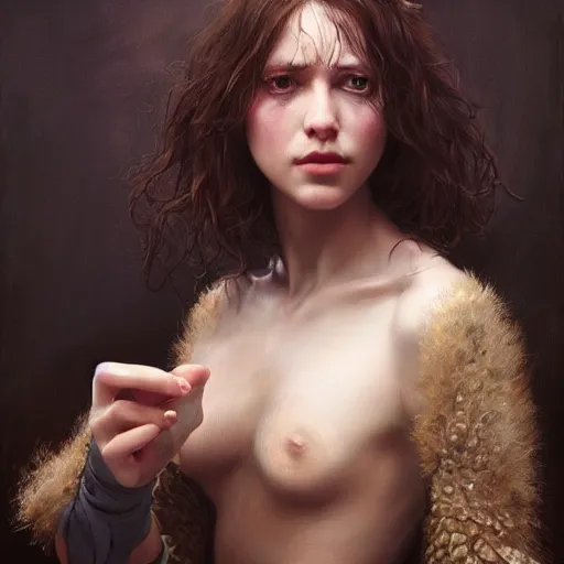 Image similar to of a beautiful brunette women intricate skin, fur, silicone cover, elegant, peaceful, full body, hyper realistic, extremely detailed, dnd character art portrait, fantasy art, intricate fantasy painting, dramatic lighting, vivid colors, deviant art, artstation, by edgar maxence and caravaggio and michael whelan and delacroix