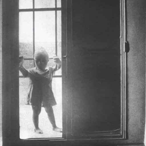 Prompt: creepy child standing behind a window of an old villa. 1 9 2 0 s black and white photo taken from outside. eerie, foggy.