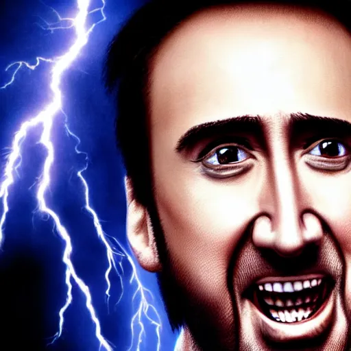 Image similar to closeup shot of nicolas cage with crazy grin and dramatic lightning and backlightning, highly detailed