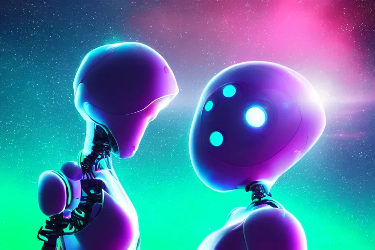 Image similar to a beautiful calm robot girl looking up to the stars, photograph, colorful background, render, 3 d, render, glows, neon, 8 k, 4 d,