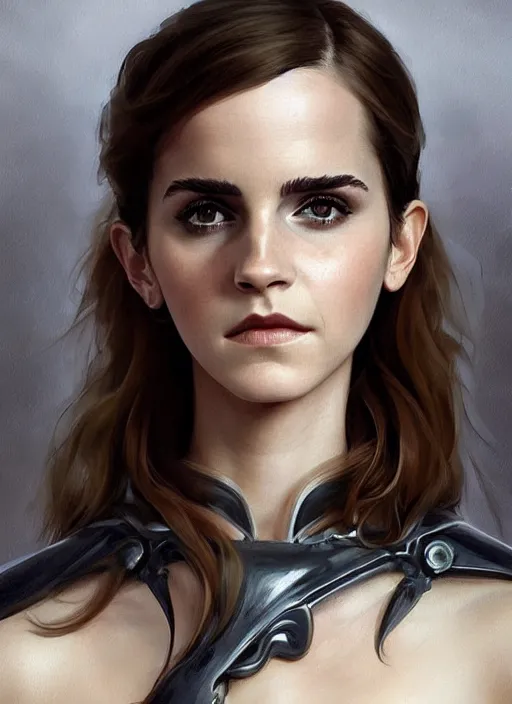 Image similar to fully body fashion model beautiful emma watson wearing military armor long dark hair beautiful bone structure symmetrical facial features intricate elegant digital painting concept art smooth sharp focus illustration,from Metal Gear by Ruan Jia and Mandy Jurgens by Artgerm by William-Adolphe Bouguerea