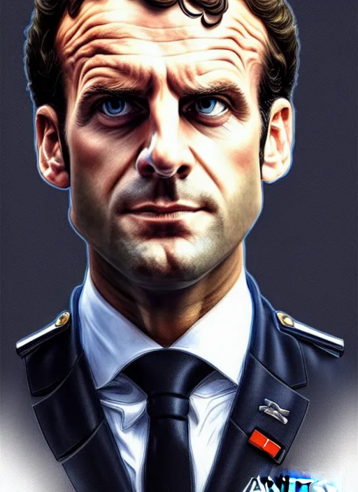 Image similar to portrait of stoic looking emmanuel macron, full body, police uniform, intricate, hivis, elegant, beautiful, highly detailed, digital painting, artstation, concept art, smooth, sharp focus, illustration, art by artgerm and greg rutkowski and alphonse mucha