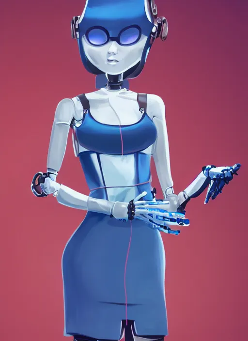 Image similar to a robot wearing a maid dress, blue dress, stripped thigh high, full body shot, highly detailed, digital painting, artstation, concept art, smooth, sharp focus, illustration