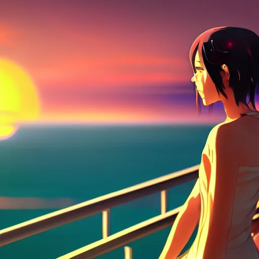 Image similar to A girl standing on the hill looking at the sea with a sunset in style of Makoto Shinkai and Cyberpunk. ArtStation, 8K, Highly Detailed, Intricate, Album Art.