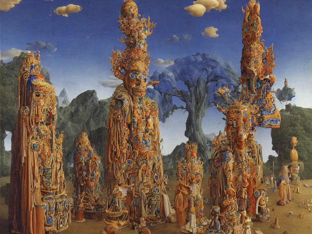 Image similar to Albino mystic with his back turned, looking in the distance at giant totemic archaic sculpture mask Tibetan temple made from Lapis Lazuli. Painting by Jan van Eyck, Audubon, Caspar David Friedrich, Rene Magritte, Agnes Pelton, Max Ernst, Walton Ford