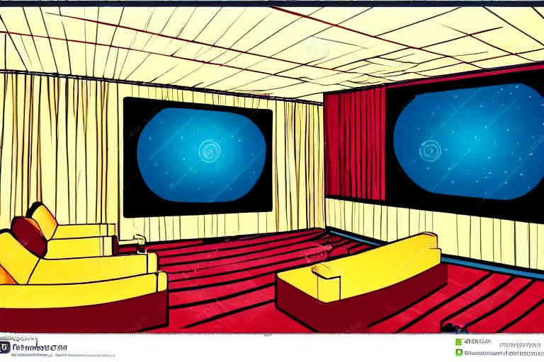 Image similar to wide view, a modern home movie theater with big screen, comfortable, stylish decor, popcorn machine!, movie posters!, very happy, interior designed by kelly wearstler, rough color pencil illustration