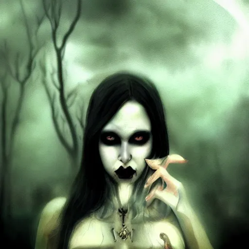 Image similar to a woman with yellow eyes and black hair, a detailed matte painting by basuki abdullah, deviantart, gothic art, demonic photograph, horror film, dark