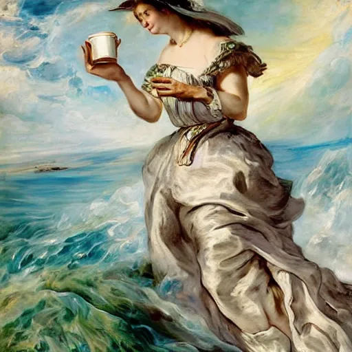 Image similar to heavenly summer sharp land sphere scallop well dressed lady holding a tall starbucks paper coffee cup, auslese, by peter paul rubens and eugene delacroix and karol bak, hyperrealism, digital illustration, fauvist, tall starbucks paper coffee cup, green coffee logo