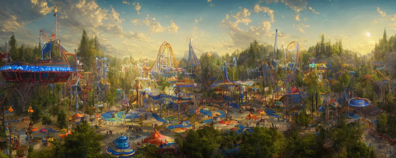 Image similar to amusement park, beautiful dynamic lighting, cinematic, wide angle establishing shot, extremely high detail, photo realistic, cinematic lighting, post processed, concept art, artstation, matte painting, style by frederic church, raphael lacoste, unreal engine 8k