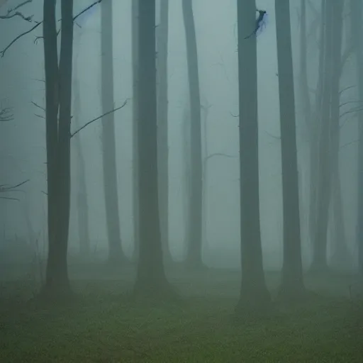 Prompt: a mushroom in the spooky woods at night, fog