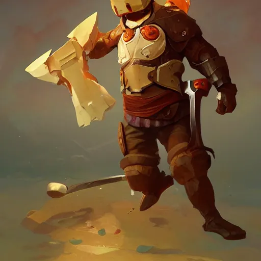 Prompt: a slice of toasted bread with a face, arms and legs, holding a sword and shield, volumetric lighting, dynamic composition, fantasy, hyper detailed, ultra realistic, sharp focus, octane render, concept art by sachin teng and sergey kolesov and ruan jia and heng z