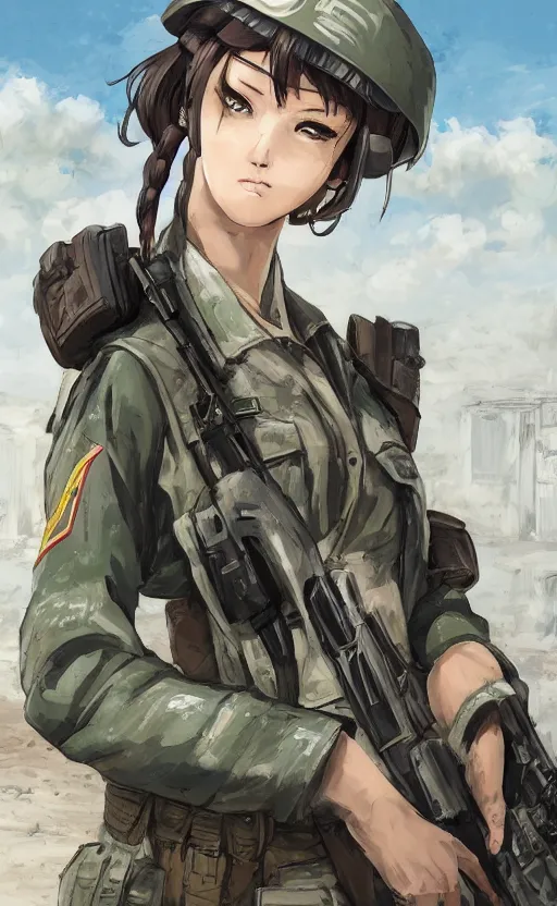 Image similar to portrait of a female soldier, highly detailed, high resolution, military camp in the background, the front of a modern trading card, illustration, character concept art, stunning, girls frontline style, by mangaka, matte, 100mm, by shibafu, studio mappa, realistic human anatomy, realistic military carrier, modern warfare, realistic weapon, digitally draw on wacom tablet, low saturation, small eyes