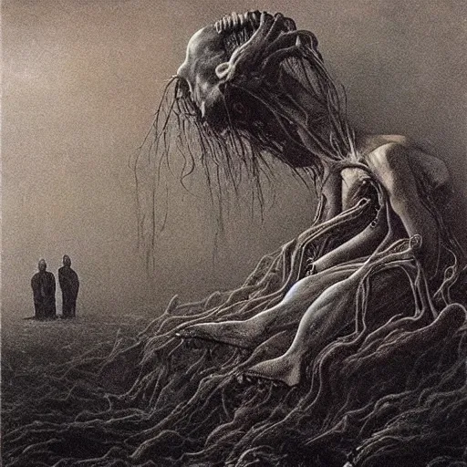 Prompt: paralyzed sleep beksinski, eldritch, apocalypse, creepy creature, horror spooky