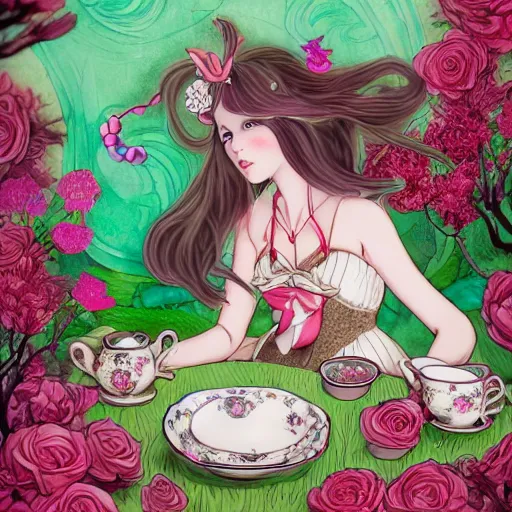 Image similar to Alice in Wonderland at the tea party with Mad Hatter, surrounded by red and white roses, bioluminescent fungi and gnarled trees, digital illustration, inspired by Aeon Flux, Japanese shoujo manga, pre-raphaelite, Takashi murakami, hyper detailed, phantasmagoric, muted and pastel shades, image composition by Möbius, extremely fine linework