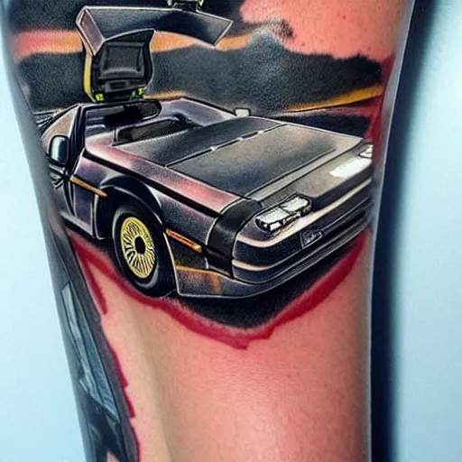 Image similar to a tattoo of delorean from back to the future,