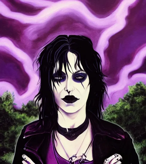 Image similar to A portrait of the character, Death, a young Goth girl wearing a black vest, Vertigo Comics, The Sandman written by Neil Gaiman, against a stormy purple sky