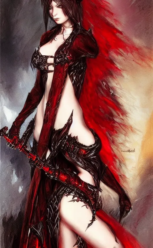 Image similar to Concept art Gothic princess in dark and red dragon armor. By Joseph Mallord William Turner, Luis Royo, artstation trending, highly detailded