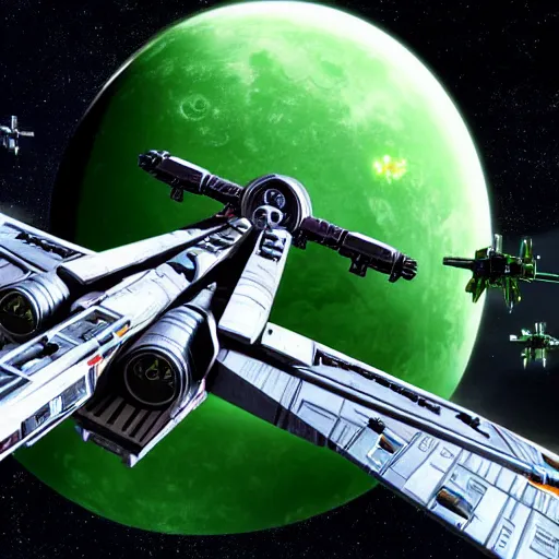 Image similar to horizon x wing space ship, tie fighters fighting in toxic green planet moon and stars in background hyper realistic, high definition cinematic