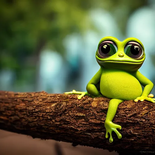 Prompt: baby pepe the frog, larg eyes, sitting on a log, pixar, disney, dynamic lighting, bokeh