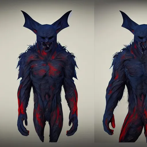 Image similar to front and back character view of scary giant mutant dark blue humanoid bat, glowing red eyes flying above a stormy ocean, sharp teeth, acid leaking from mouth, realistic, giant, bat ears, bat nose, bat claws, bat wings, furred, covered in soft fur, detailed, trending on artstation clean concept art and sheet that using unreal engine 5 render and hyper detailed 3D texture with cinematic software light 85mm f/1.4