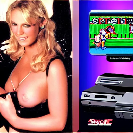 Image similar to Super Nintendo playing and Xbox 360 but it's a Sega Genesis making out with Brittany spears