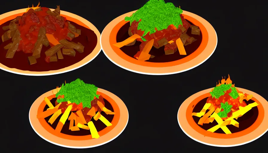 Image similar to poutine ( the canadian meal ) from mount doom, volcano texture, lava texture, fire texture, low poly