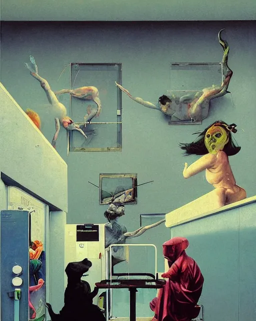 Image similar to square people conversing with dark dogs at a gas station with large oxygen tank in the style of Francis Bacon and Syd Mead and Norman Rockwell and Beksinski, open ceiling, highly detailed, painted by Francis Bacon and Edward Hopper, painted by James Gilleard, surrealism, airbrush, very coherent, triadic color scheme, art by Takato Yamamoto and James Jean