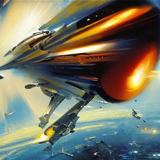 Prompt: futuristic spaceship jumping to warp lightspeed concept art oil painting by john berkey , minimal detailed, brush hard