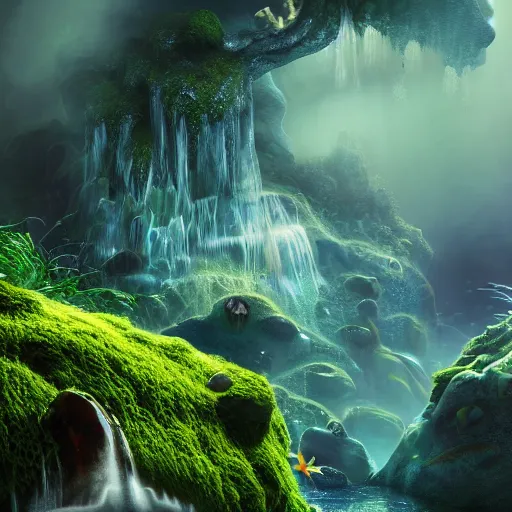 Prompt: mythical gigantic space cavern, ultra realist 3 d render curiosities carnival pond vegetation rocks mushrooms and tentacles covered moss, luminescent wisps, stunning waterfall, accurate features, focus, very intricate ultrafine details, random volumetric lighting, fog, award winning masterpiece, octane render 8 k hd, artstation