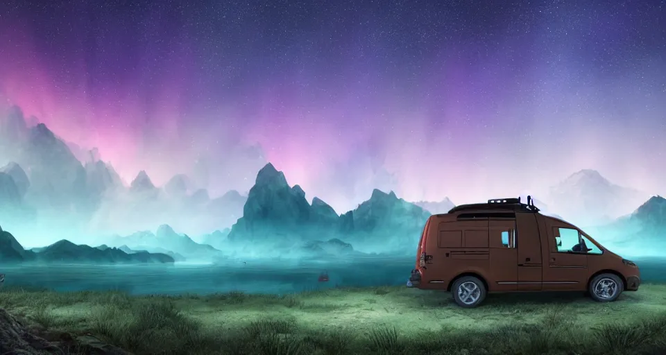 Prompt: An epic fantasy style landscape painting of a Mountainrange and a lake, with a starry sky and breathtaking aurora and a beige Volkswagen Caddy Campervan 4x4, unreal 5, DAZ, hyperrealistic, octane render, volumetric clouds dynamic lighting