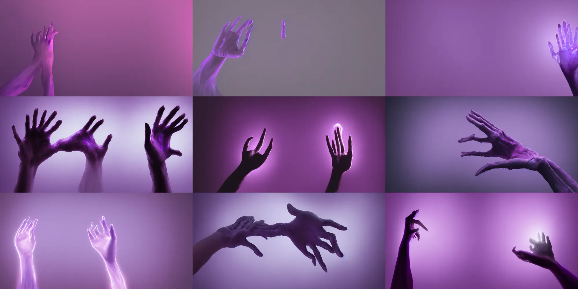 Prompt: magical ghostly dark-violet inhuman hand reaching up on the dark-violet background, precise, digital painting, octane render, wow