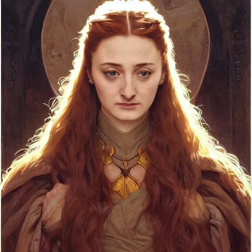 Image similar to portrait of an angry sansa stark telling people to stop making ai paintings of her, intricate, elegant, highly detailed, digital painting, artstation, concept art, smooth, sharp focus, illustration, art by artgerm and greg rutkowski and alphonse mucha and william - adolphe bouguereau