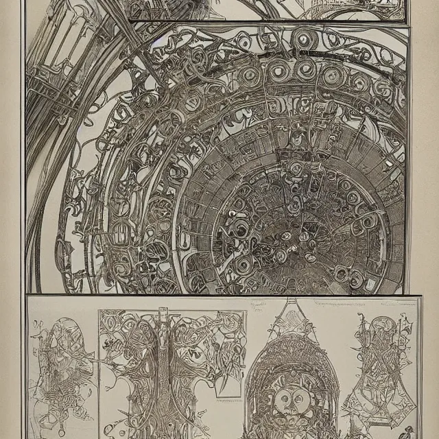 Image similar to beautiful, symmetric, art nouveau, detailed, intricate technical drawings on parchment from 1 8 4 0 with extensive written labels and covered in scribbled pencil notes in open space, for a mechanical art creation drawing robot, by ron cobb and alphonse mucha